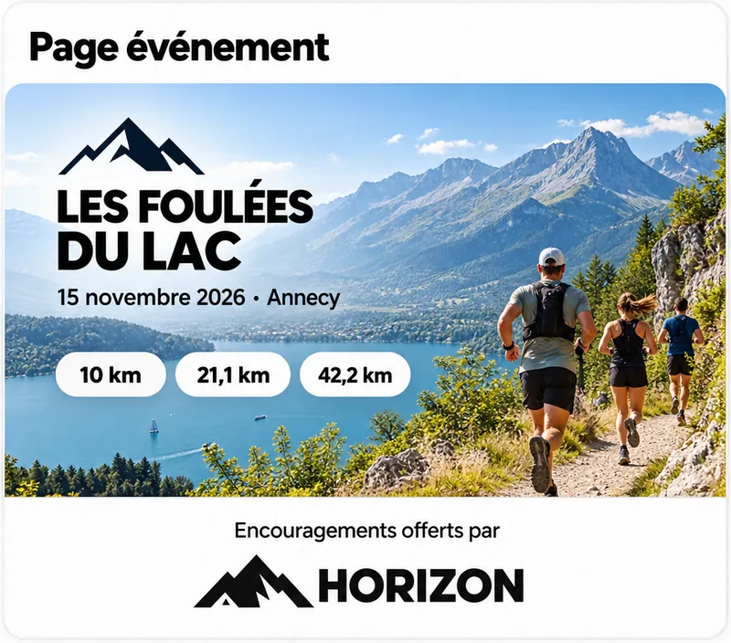Page événement des Foulées du Lac avec la mention Encouragements offerts par Horizon