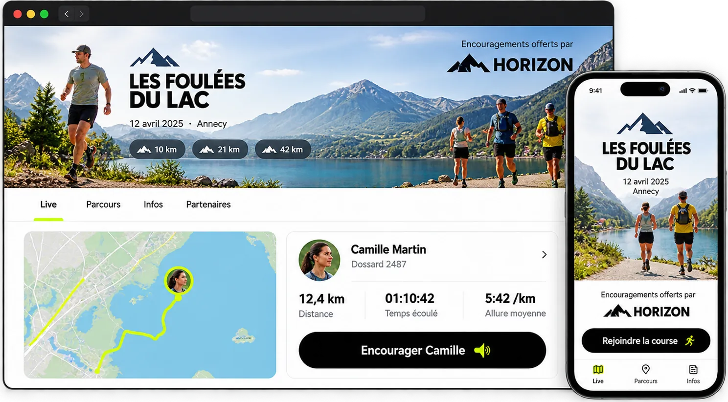 Exemple d'événement, Les Foulées du Lac, sur ordinateur et smartphone : page aux couleurs de l'organisateur, suivi de Camille Martin et mention du sponsor Horizon