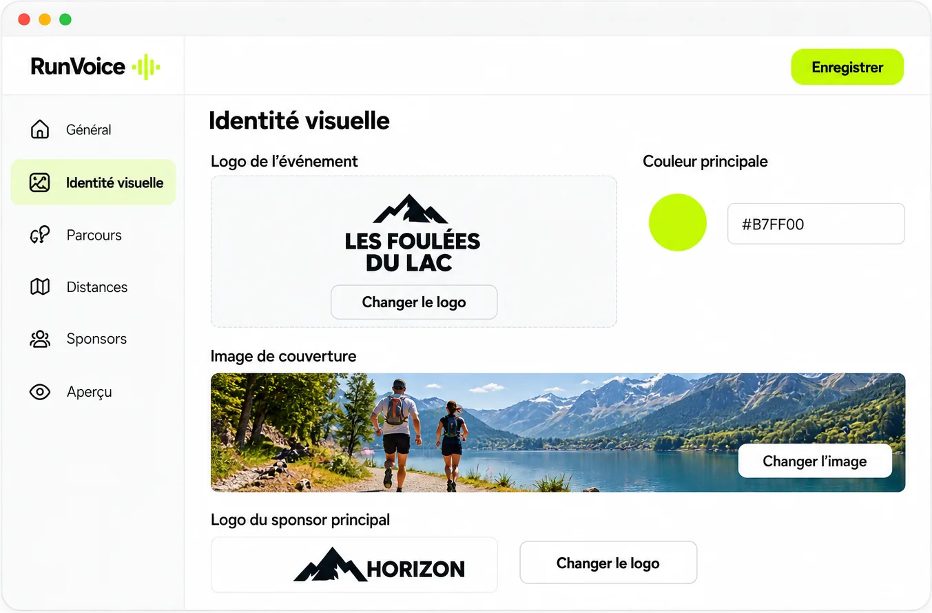 Espace organisateur RunVoice : identité visuelle des Foulées du Lac, logo, couleur principale, image de couverture et logo du sponsor principal