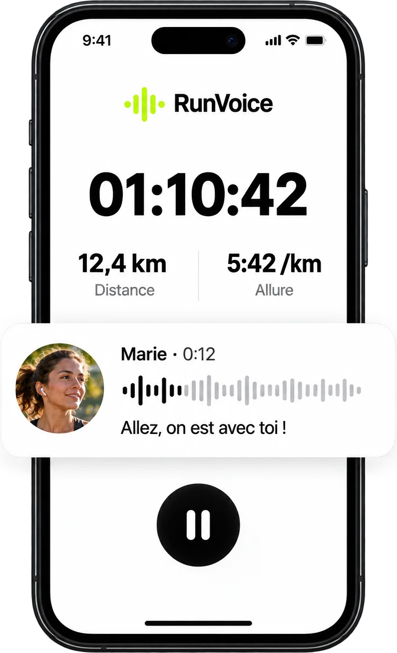 Application RunVoice pendant une course : 01:10:42, 12,4 km, message vocal de Marie en cours de lecture